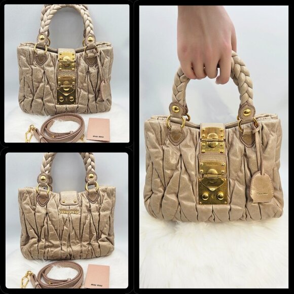 Miu Miu Matelassé Tan Leather Two-Way Bag - Picture 12 of 17